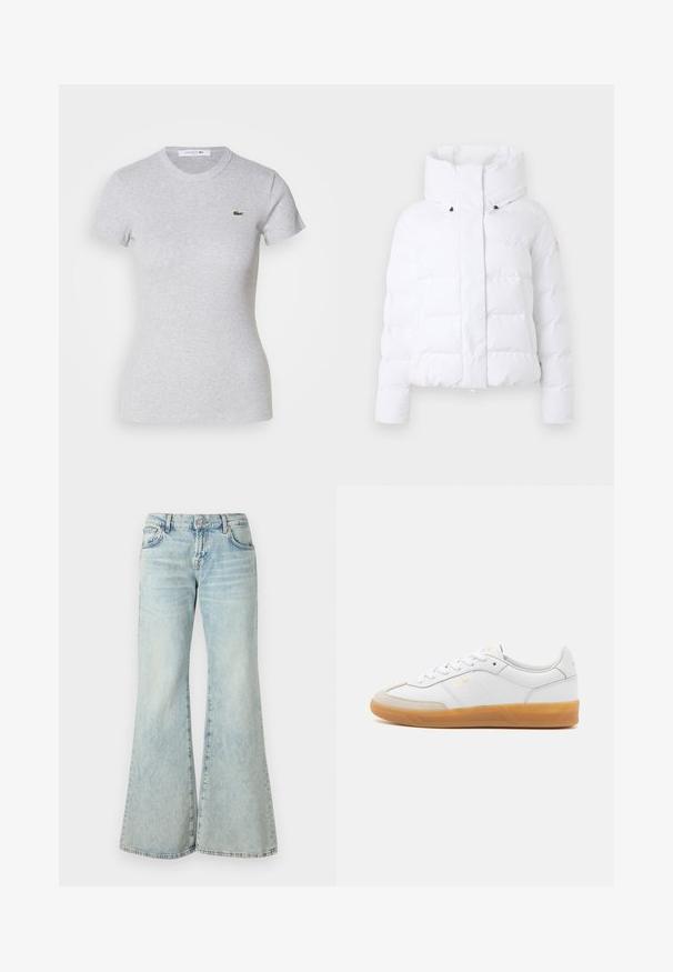 Weißer Daunenjacke mit hohem Kragen, gesteppter Oberfläche, Frontreißverschluss und schwarzen Hardware-Akzenten. Keine zusätzlichen Muster oder Texturen.; Hellgrau gefittetes T-Shirt mit kurzen Ärmeln und rundem Ausschnitt sowie einem kleinen grünen Lacoste-Krokodil-Logo auf der linken Brust.; Hellblaue Schlagjeans aus Denim, mit hoher Taille, Taschen und ausgefransten Säumen. Der Stoff hat eine verblasste Waschung und eine subtile Textur.; Weiße Ledersneaker mit beigen Wildlederakzenten, Gummi-Rahmen und Schnürdesign. Verfügt über dezente Markenkennzeichnung in Gold.