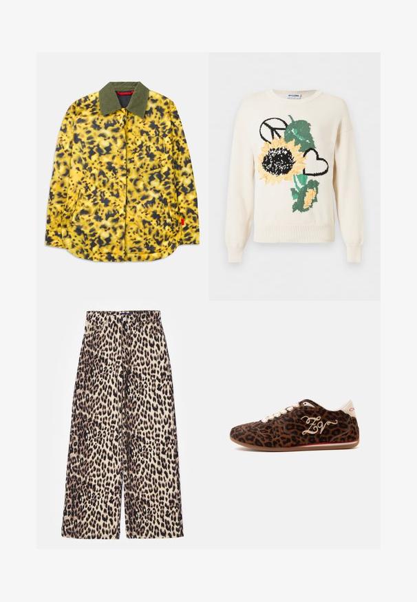 Veste à motifs jaune et noir avec un col vert, comportant une poche avant et deux poches latérales ; tissu lisse et ourlet incurvé.; Pull tricoté blanc avec un grand tournesol, des feuilles vertes, un symbole de paix noir et un cœur contour noir à l'avant.; Pantalons larges en imprimé léopard, composés d'un mélange de coton. Dotés d'une taille haute, d'une fermeture à bouton et de poches avant. La palette de couleurs comprend du beige et du noir.; Baskets à profil bas imprimé léopard avec lacets blancs, languette beige au talon et broderie cursive "ZW" sur le côté.