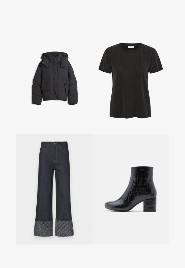 Sort pudejakke med høj krave og hætte, med en quiltet design, trykknapper og to sidelommer. Blødt, struktureret stof.; Sort T-shirt med korte ærmer og rund hals med en lige kant og et "soaked" mærke på indersiden af kraven.; Mørkeblå vidde jeans med kontrastsyning og mønstrede manchetter med et gentaget geometrisk design i en lysere nuance.; Sort ankelstøvle lavet af skinnende læder med krokodillepræg. Har en rundet tå og en kraftig blokhæl. Glat tekstur og elegant design.