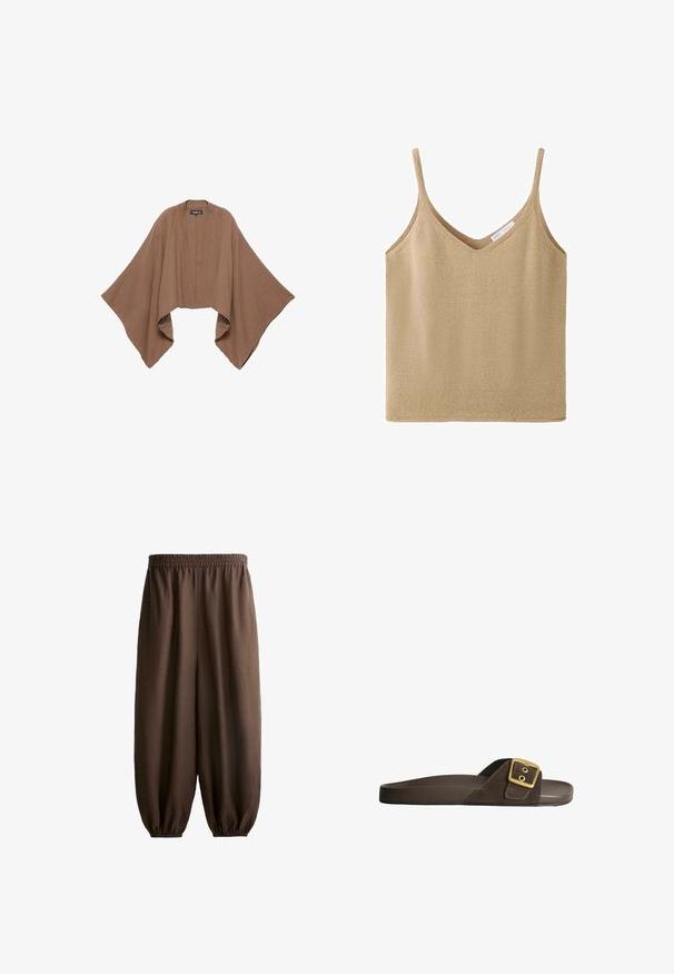 Bruine losse poncho met open voorkant en brede vloeiende mouwen van gestructureerde stof tegen een witte achtergrond.; Beige gebreide mouwloze tanktop met dunne bandjes en een V-hals, met een klein wit merklab binnenin de hals.; Loszittende bruine broek met elastische tailleband en elastische boorden, gemaakt van lichtgewicht stof.; Bruine suède slide-sandaal met een brede band en een gouden metalen gesp. Platte rubberen zool met een gladde textuur en een eenvoudig ontwerp.