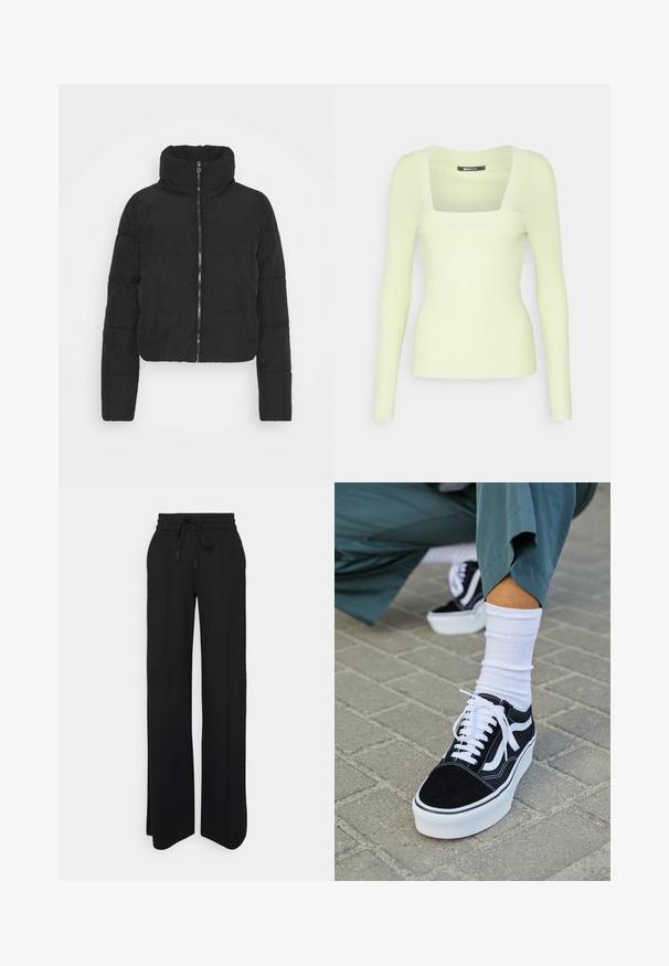 Zwarte donsjas met hoge kraag, ritssluiting aan de voorkant, cropped lengte en doorgestikte textuur. Voorzien van lange mouwen en een glad oppervlak.; Gina Tricot Tall SQUARENECK - Longsleeve - lime sherbet; Zwarte wijde pijpen broek gemaakt van zachte stof. Heeft een elastische tailleband met trekkoord, strakke lijnen en geen zichtbare patronen of accenten.; Zwarte suède sneaker met witte accenten en veters, uitgerust met een dikke witte zool en contrasterende stiksels, gecombineerd met een witte sok.