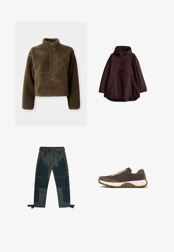 Burgundero Wasserfestes Jacke mit Kapuze, Fronttasche und lockerer Passform. Mit elastischen Bündchen und abgerundetem Saum. Glatte Textur.; Braune Fleecejacke mit hohem Kragen, halbem Reißverschluss vorne und einer Brusttasche; verfügt über strukturierten Stoff und ein Logo auf der Vorderseite.; Hose mit einem Gürtel, die eine Kombination aus dunkelgrünem und grauem Stoff aufweist, ein eckiges Patchwork-Design, mehrere Taschen und verstellbare Knöchelriemen hat.; Brauner Sneaker mit weißen Schnürsenkeln, ausgestattet mit einem strukturierten Obermaterial und einer robusten Gummisohle, auf einem weißen Hintergrund präsentiert.