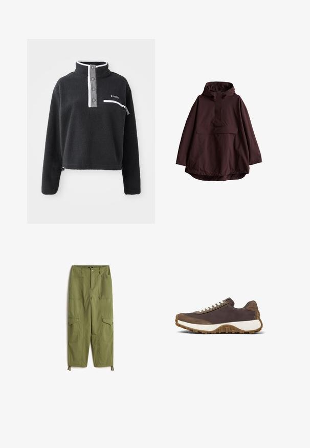 Bordeaux vandtæt jakke med hætte, frontlomme og løs pasform. Har elastiske manchetter og en afrundet kant. Glat tekstur.; Sort fleece pullover med halv lynlås krave, der har en brystlomme og kontrasterende hvide og grå detaljer. Blød tekstur, cropped design.; Olivengrøn cargo-bukser med en tekstureret overflade, der har to forlommer, yderligere sidelommer og justerbare mansjetter ved kanten.; Brun sneakers med hvide snørebånd, med en tekstureret overdel og en robust gummisål, vist på en hvid baggrund.