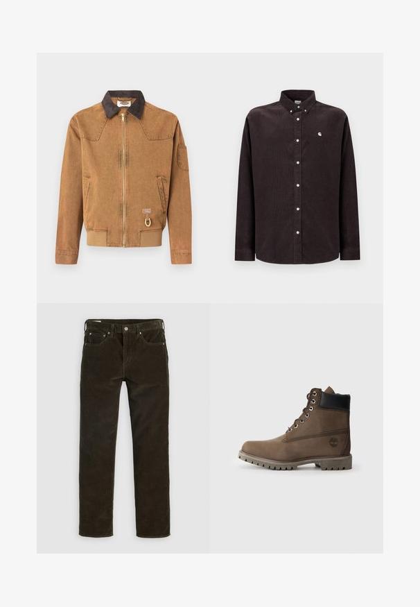 Bruine spijkerjack met een donkere kraag, voorrits, zijzakken en een goudkleurig accent. Heeft een logopatch vlakbij de zoom.; Donkerbruin corduroy overhemd met een button-down kraag, lange mouwen, witte knopen en een klein logo op de linkerborst.; Bruine corduroy broek met een recht gesneden pasvorm, vijf zakken, zichtbare stiksels en een gestructureerde stofafwerking. Metalen knoopsluiting aan de taille.; Bruine leren enkelboot met zwarte kraag, metalen veterogen en een robuuste grijze zool. Beschikt over een logo aan de zijkant en gestikte details.