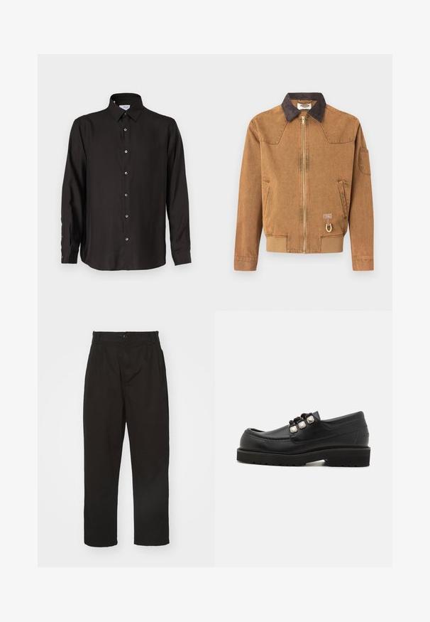 Chaqueta de mezclilla marrón con cuello oscuro, cremallera frontal, bolsillos laterales y un detalle de color dorado. Presenta un parche con logo cerca del dobladillo.; Camisa negra de manga larga hecha de una tela suave, con un cierre frontal de botones, collar puntiagudo y dobladillo redondeado con botones en contraste.; Pantalones negros de tela suave, con cierre de botón, corte recto y dos pliegues frontales que añaden detalle.; Mocasines de cuero negro con punta redonda, que presentan tres acentos metálicos y una suela texturizada para mayor agarre. Parte superior lisa y detalle de costura.