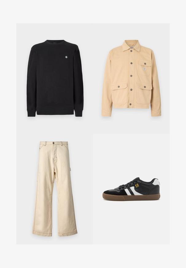 Beige Canvas-Jacke mit durchgehender Knopfleiste, zwei großen Fronttaschen mit Klappen und einer kleinen Brusttasche. Standardkragen und lange Ärmel.; Schwarzer Langarm-Crewneck-Sweatshirt mit kleinem weißen runden Logo auf der linken Brust, gerippten Bündchen und Saum.; Beige weit geschnittene Hose aus Baumwolle mit einem Reißverschluss und Knopfverschluss, mit kontrastierenden Nähten und Seitentaschen.; Schwarz-weiße Sneakers mit einem Obermaterial aus Wildleder und Leder, ausgestattet mit weißen Streifen, schwarzen Schnürsenkeln und einer braunen Gummisohle. Mit goldenen Logo-Akzenten.