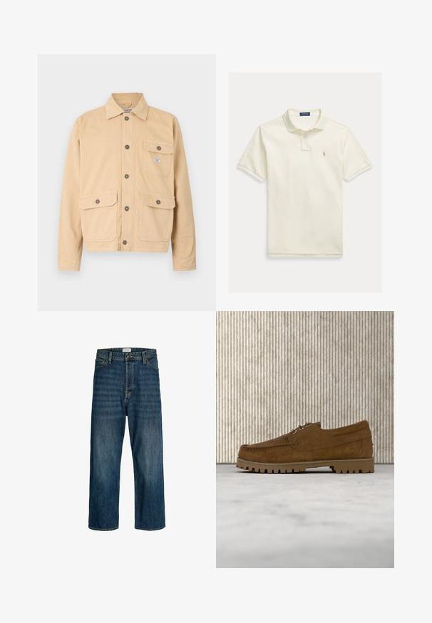 Beige Canvas-Jacke mit durchgehender Knopfleiste, zwei großen Fronttaschen mit Klappen und einer kleinen Brusttasche. Standardkragen und lange Ärmel.; Polohemd aus offweißem Baumwollstoff mit klassischem Kragen, kurzen Ärmeln und kleinem gesticktem Logo auf der linken Brust.; Jeans aus Denim in einer dunkelblauen Waschung mit geradem Bein. Zu den Merkmalen gehören ein Knopfverschluss, Gürtelschlaufen und gestickte Akzente.; Brauner Wildleder-Schnürschuh mit dicker, geriffelter Sohle, der über einem beigen Teppich schwebt, im Hintergrund ein brauner ovaler Tisch.