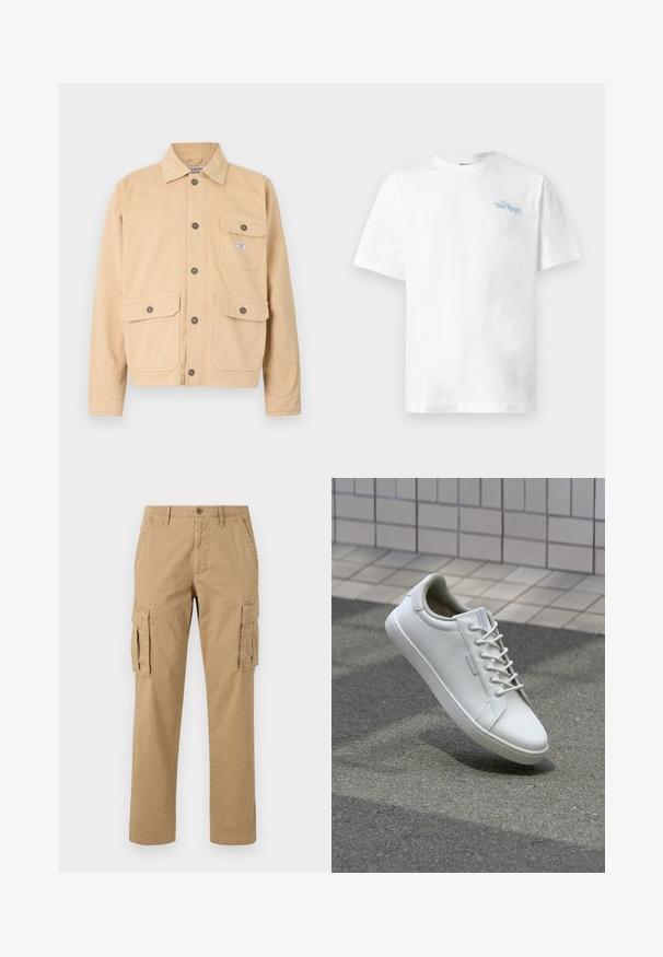 Beige Canvas-Jacke mit durchgehender Knopfleiste, zwei großen Fronttaschen mit Klappen und einer kleinen Brusttasche. Standardkragen und lange Ärmel.; Weißes Baumwoll-T-Shirt mit Rundhalsausschnitt, kurzen Ärmeln und hellblauer Schrift mit der Aufschrift "THE REGAL" auf der linken Brustseite.; Beige Cargo-Hosen mit zwei Seitentaschen, einem Knopfverschluss, geradem Bein und einem weichen, strukturierten Stoff.; Weiße Sneaker aus strukturiertem Leder, mit einer Schnürung vorne, robustem Gummisohle und minimalistisches Design mit verstärkter Zehenkappe.