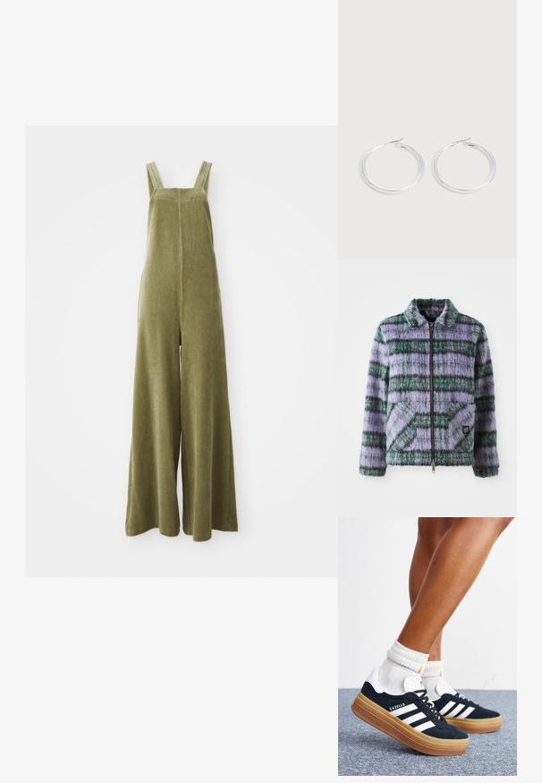 Faux-Fur-Jacke mit lila und grünen Streifen, Reißverschluss, Kragen und zwei aufgesetzten Taschen vorne. Weicher Stoff mit geometrischen Musterakzenten.; Olivgrüne Corduroy-Overalls mit weitem Bein, verstellbaren Trägern und einer strukturierten Oberfläche. Einfaches Design, keine sichtbaren Muster oder Beschläge.; Beine mit weißen Socken und schwarzen Adidas Gazelle Sneakers mit weißen Streifen und dicken braunen Sohlen auf einem grauen Teppichboden.; Paar glänzende silberne Creolen mit dünnen Drahtverschlüssen, dargestellt vor einem hellgrauen Hintergrund.
