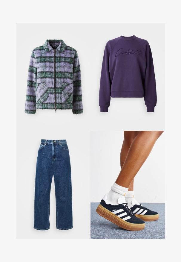 Nepalen jassen met paarse en groene strepen, ritsluiting, kraag en twee voorzakken. Zachte textuur met geometrische patronen.; Paarse sweatshirt met een ronde halslijn en raglanmouwen. Het heeft een geborduurd "Carhartt" logo in bijpassende kleur. Zachte stoftextuur.; Lichtblauwe denim wijde broek met hoge taille, zichtbare stiksels en standaard zakken. Voorzien van een knoop- en ritssluiting.; Ben met witte sokken en zwarte Adidas Gazelle sneakers met witte strepen en dikke bruine zolen op een grijs tapijt.