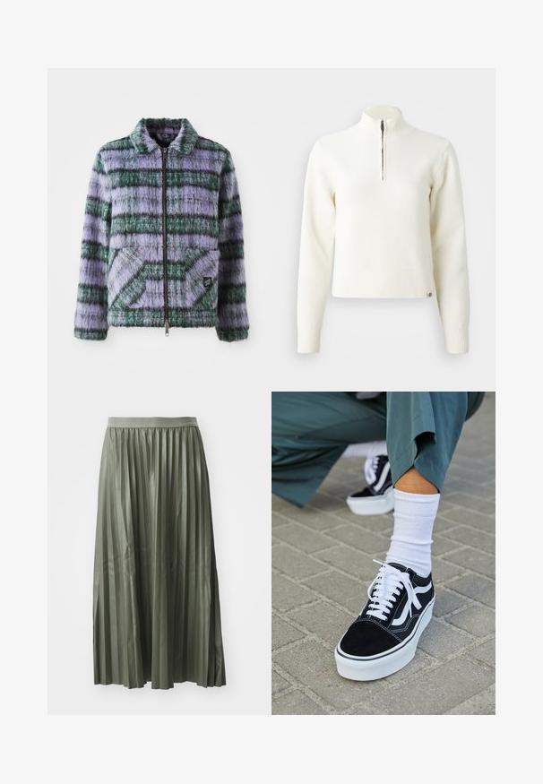 Faux fur jakke med lilla og grønne striber, lynlås lukning, krave og to forreste patch-lommer. Blød tekstur med geometriske mønster accenter.; Hvid, sweater med lynlås ved halsen og lange ærmer. Lavet af et blødt strikmateriale, med ribbede manchetter og kant. Diskret mærke-logo ved kanten.; Plisseret midi-nederdel i dæmpet grøn, lavet af glat stof. Har en elastisk talje og falder til midt på læggen med jævnt fordelte lodrette plisseringer.; Sorte ruskinds sneakers med hvide accenter og snørebånd, der har en tyk hvid sål og kontrasterende syninger, parret med en hvid sok.