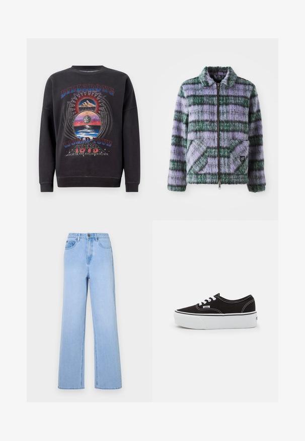 Faux fur jakke med lilla og grønne striber, lynlås lukning, krave og to forreste patch-lommer. Blød tekstur med geometriske mønster accenter.; Sort sweatshirt med et grafisk design, der har teksten "BILLABONG WORLD TOUR 1973", bjerge og himmelske elementer i flere farver.; Lysblå højtaljede jeans med bred ben-design, lavet af denim. Har markante syninger og fem-lommes styling.; Sort lærred sneakers med en hvid gummi platform sål, der har hvide snørebånd og syninger, ikonisk branding på siden, lav-top design.