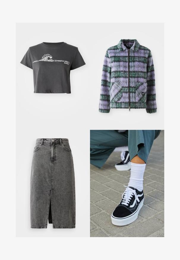 Nepalen jassen met paarse en groene strepen, ritsluiting, kraag en twee voorzakken. Zachte textuur met geometrische patronen.; Donkere grijze cropped T-shirt met een witte gestileerde golf, palmboom grafiek en "ROXY" tekst op de voorkant.; Hoge taille, vervaagde zwarte denim midi-jurk met een split aan de voorkant, riemlussen en een klassieke vijf-pocket ontwerp.; Zwarte suède sneaker met witte accenten en veters, uitgerust met een dikke witte zool en contrasterende stiksels, gecombineerd met een witte sok.