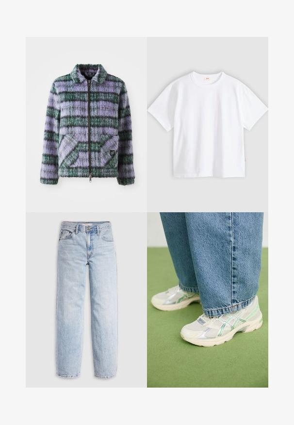 Nepalen jassen met paarse en groene strepen, ritsluiting, kraag en twee voorzakken. Zachte textuur met geometrische patronen.; Wit katoenen t-shirt met korte mouwen, ronde hals, losse pasvorm, gladde textuur en een klein logolabel aan de linker zijnnaad.; Lichtblauwe spijkerbroek met hoge taille, losvallende pasvorm, rechte pijpen en een klassiek ontwerp met vijf zakken. Zichtbare vervaging en stikseldetails.; Witte en zilveren mesh sneakers met groene accenten, gedragen met losse blauwe jeans, staand op een groen tapijt.