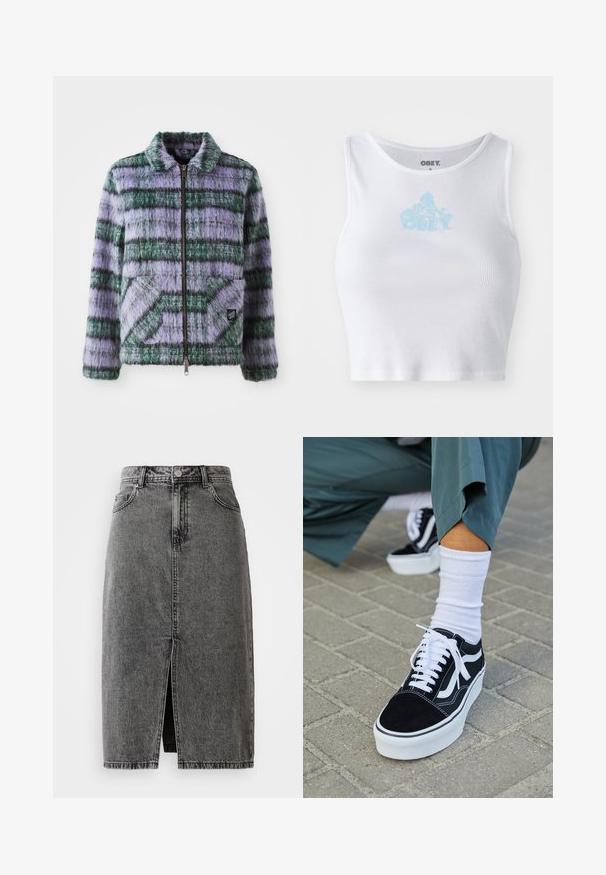 Veste en fausse fourrure avec des rayures violettes et vertes, fermeture éclair, col et deux poches plaquées à l'avant. Texture douce avec des accents de motifs géométriques.; Crop top blanc à côtes avec un col rond et un logo "OBEY" bleu clair centré sur la poitrine. Texture lisse et design ajusté.; Jupe midi en denim noir délavé, taille haute, avec fente frontale, passants de ceinture et design classique à cinq poches.; Baskets en suède noir avec des accents et des lacets blancs, présentant une épaisse semelle blanche et des coutures contrastantes, associées à une chaussette blanche.
