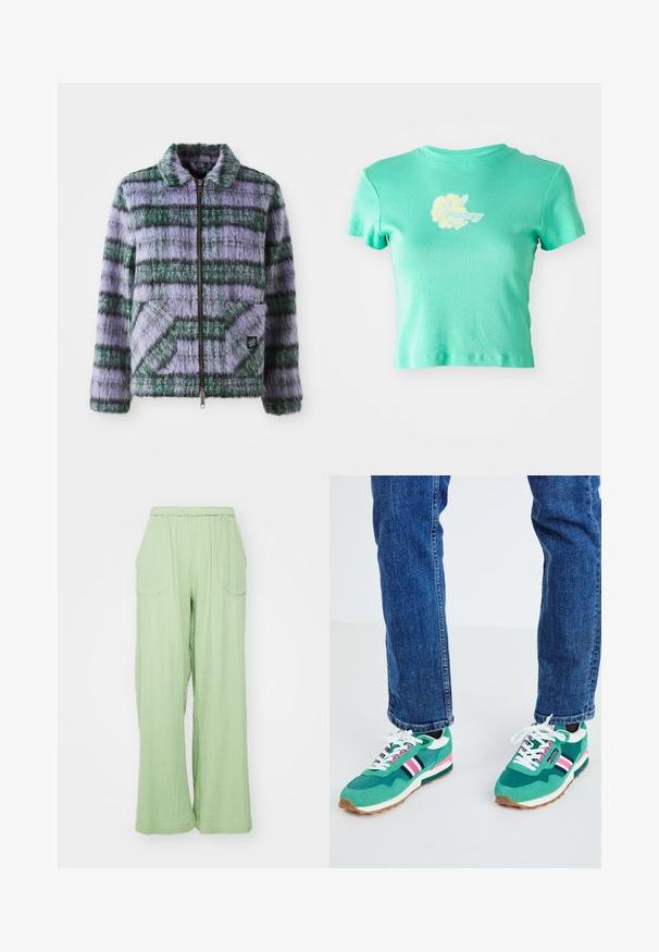 Faux fur jakke med lilla og grønne striber, lynlås lukning, krave og to forreste patch-lommer. Blød tekstur med geometriske mønster accenter.; Korthættet t-shirt i lyseblå stof med et blomstermønster og "ROXY" logo i hvid og gul på forsiden. Korte ærmer.; Lys grønne, vide bukser med elastisk talje, struktureret stof og to forlommer. Designet har en afslappet pasform.; Grønne sports sneakers med hvide og marineblå accenter, pink stribe detalje og tekstureret stof. Snøret med hvide snørebånd; gummisål.