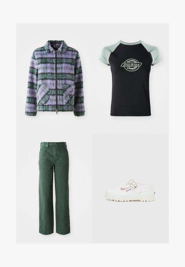 Chaqueta de piel sintética con rayas moradas y verdes, cierre de cremallera, cuello y dos bolsillos de parche en la parte delantera. Textura suave con acentos de patrón geométrico.; Camiseta negra con mangas raglán verde claro. Presenta un logo circular central con el texto "Dickies" en un diseño de cuerda. Textura de tela suave.; Vaqueros verdes de pierna ancha hechos de denim. Presentan una cintura alta, piernas rectas, bolsillos frontales y cierre de botón metálico.; Zapato Mary Jane de lona blanca con suela gruesa y con dibujo, y hebilla plateada, con una pequeña etiqueta "Superga" en el lateral.