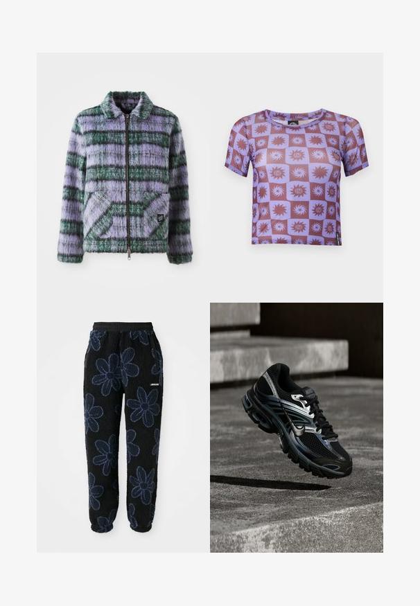 Faux fur jakke med lilla og grønne striber, lynlås lukning, krave og to forreste patch-lommer. Blød tekstur med geometriske mønster accenter.; Kortærmet tætsiddende cropped top med lilla og brun ternet mønster med sol- og spiral-designs samt teksten "Santa Cruz".; Fleece joggers med sort baggrund og mørkeblå blomsterdesign. Har en elastisk talje og sidelommer. Blød tekstur.; Sort og sølv Nike løbesko svævende over betontrappe, viser detaljeret design og tekstureret sål i udendørs omgivelser.