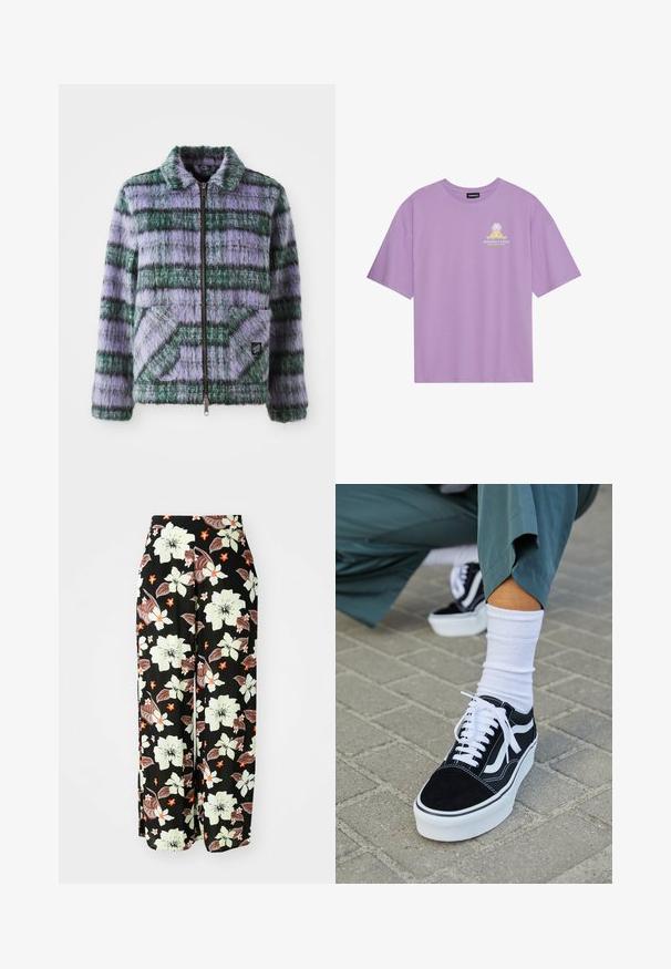 Faux fur jakke med lilla og grønne striber, lynlås lukning, krave og to forreste patch-lommer. Blød tekstur med geometriske mønster accenter.; Lavendel bomulds T-shirt med korte ærmer, der har et lille gult palmetræ og bølgedesign trykt på venstre brystområde.; Sorte blomstrede bukser med store hvide, orange og brune blomster, med et løst, bredt ben-design og blødt, letvægtsstof.; Sorte ruskinds sneakers med hvide accenter og snørebånd, der har en tyk hvid sål og kontrasterende syninger, parret med en hvid sok.