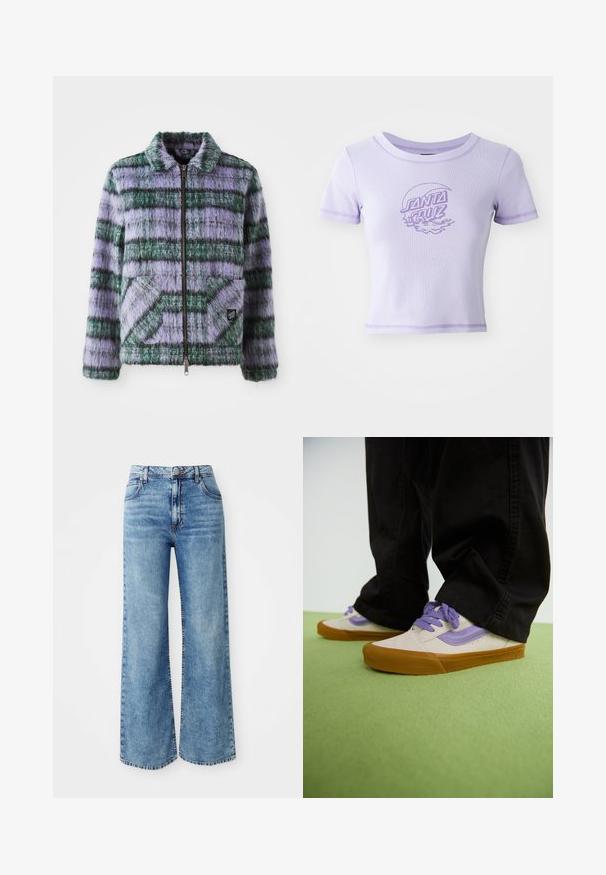 Nepalen jassen met paarse en groene strepen, ritsluiting, kraag en twee voorzakken. Zachte textuur met geometrische patronen.; Paarse, aansluitende T-shirt met korte mouwen, ronde hals en contrasterende stiksels. Heeft een grafisch ontwerp van "SANTA CRUZ" op de voorkant.; Lichtblauwe denim wijde broek met een hoge taille, voorzien van vijf zakken, sluiting met bovenste knop en contrasterende stiksels langs de naden.; Lichtbeige sneakers met paarse accenten, rubberen gumzool en platte veters. Draag ze met zwarte broeken, gepresenteerd op een groene gestructureerde ondergrond.