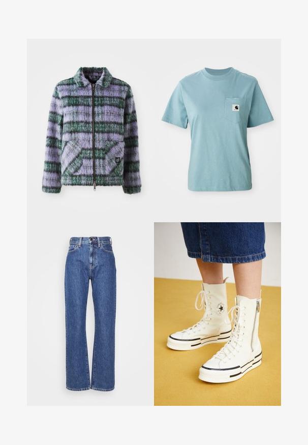 Faux fur jakke med lilla og grønne striber, lynlås lukning, krave og to forreste patch-lommer. Blød tekstur med geometriske mønster accenter.; Lyseblå kortærmet bomulds T-shirt med brystlomme og et lille sort-hvidt Carhartt logo patch.; Blå denim jeans med vide ben, høj talje, kontrastsyninger og klassisk fem-lomme design. Struktureret stof med en glat overflade.; Hvide høj-top sneakers med lynlåslukning, snørresystem og sorte striber på en tyk sål. Tekstureret kanvasmateriale.