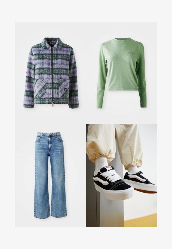 Faux-Fur-Jacke mit lila und grünen Streifen, Reißverschluss, Kragen und zwei aufgesetzten Taschen vorne. Weicher Stoff mit geometrischen Musterakzenten.; Hellgrünes Langarm-T-Shirt aus weicher Baumwolle, mit Rundhalsausschnitt und einem kleinen gedruckten Logo auf der oberen linken Seite.; Hellblaue Denim-Jeans mit weit geschnittenem Bein und hoher Taille, ausgestattet mit fünf Taschen, einer Knopfverschluss und kontrastierender Naht entlang der Nähte.; Person, die schwarz-weiße Vans-Sneaker mit weißen Schnürsenkeln, weißen Socken und beigen Hosen mit elastischen Bündchen trägt.