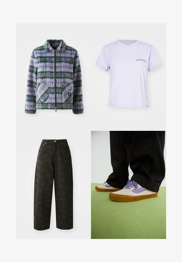 Faux fur jakke med lilla og grønne striber, lynlås lukning, krave og to forreste patch-lommer. Blød tekstur med geometriske mønster accenter.; Lys lilla bomulds T-shirt med rund halsudskæring, korte ærmer, og ordet "DICKIES" broderet i mørk lilla på brystet.; Mørkegrønne vide bukser har et tekstureret blomsterdesign, fem lommer og metalknaplukninger i taljen.; Lyse beige sneakers med lilla accenter, gummisål og flade snørebånd. Båret med sorte bukser, vist på en grøn struktureret overflade.