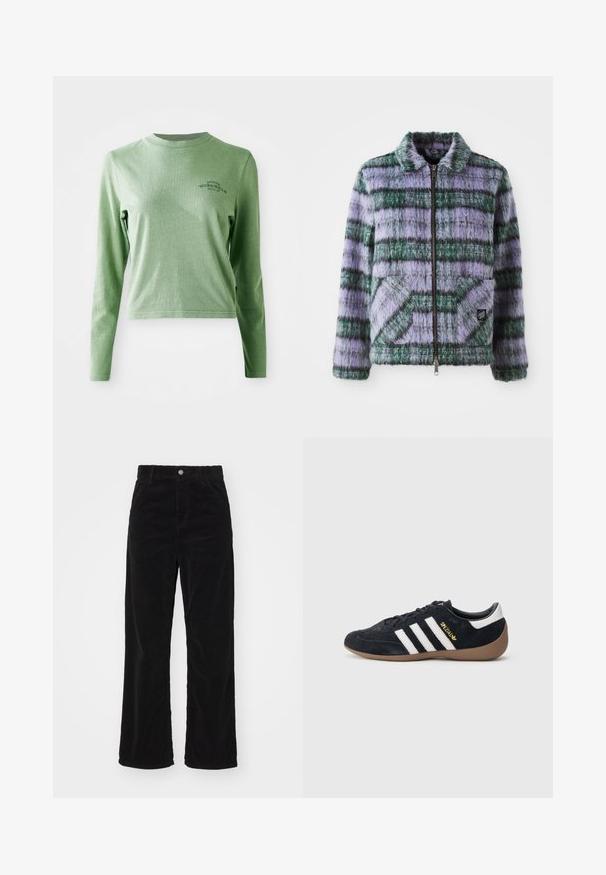 Nepalen jassen met paarse en groene strepen, ritsluiting, kraag en twee voorzakken. Zachte textuur met geometrische patronen.; Lichtgroene longsleeve t-shirt van zacht katoen, met een ronde hals en een klein bedrukt logo aan de bovenlinkerzijde.; Zwarte corduroy wijde broek met een hoge taille, voorzien van een voospan knoop- en ritssluiting, en een verticale ribstructuur overal.; Zwarte suède sneaker met drie witte strepen, een rubberen gumzool en een klein gouden logo aan de zijkant. Heeft een gladde zwarte binnenvoering.