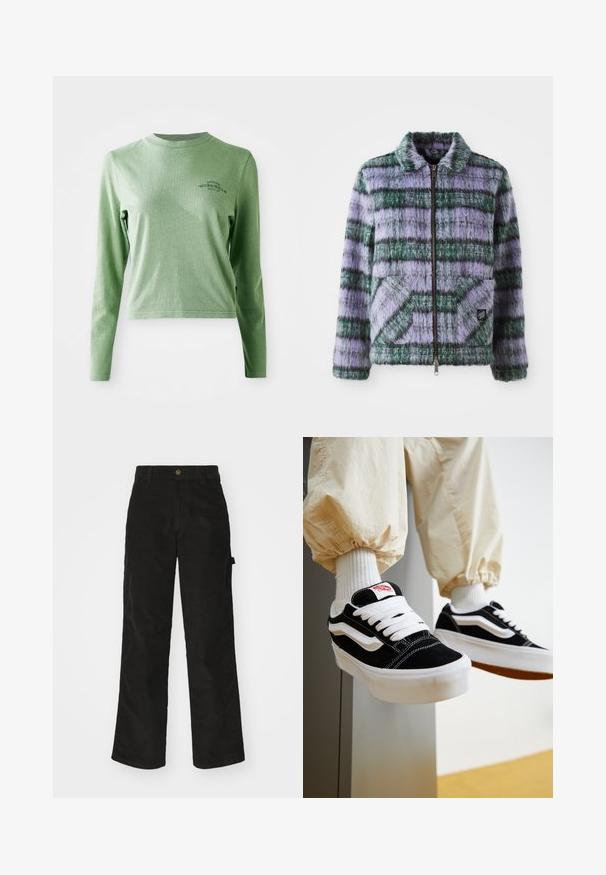 Faux-Fur-Jacke mit lila und grünen Streifen, Reißverschluss, Kragen und zwei aufgesetzten Taschen vorne. Weicher Stoff mit geometrischen Musterakzenten.; Hellgrünes Langarm-T-Shirt aus weicher Baumwolle, mit Rundhalsausschnitt und einem kleinen gedruckten Logo auf der oberen linken Seite.; Schwarze Cordhosen mit geradem Schnitt, ausgestattet mit einem Knopfverschluss und einer Seitenlasche. Glatte Textur mit feinen verticalen Streifen.; Person, die schwarz-weiße Vans-Sneaker mit weißen Schnürsenkeln, weißen Socken und beigen Hosen mit elastischen Bündchen trägt.