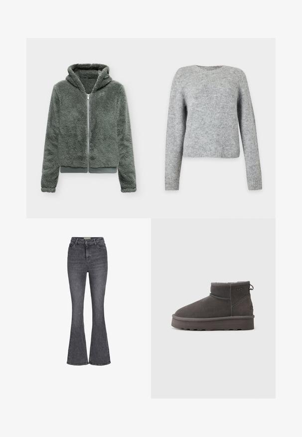 Veste à capuche zippée gris-vert duveteuse à manches longues et ourlet côtelé, présentée sur un fond blanc uni.; Pull tricoté gris clair à manches longues et col rond, présenté sur un fond blanc uni.; Jeans évasés taille haute en denim gris foncé, avec un design classique à cinq poches, fermeture à bouton et un léger effet délavé.; Marco Tozzi Bottes de neige - graphite