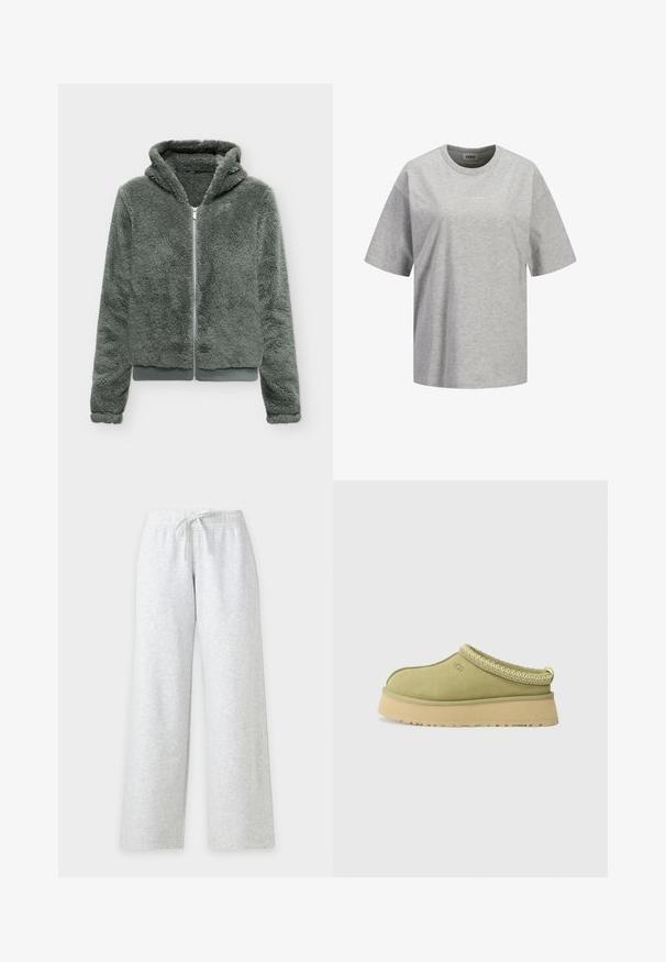 Veste à capuche zippée gris-vert duveteuse à manches longues et ourlet côtelé, présentée sur un fond blanc uni.; T-shirt gris clair à manches courtes avec col rond, portant un petit logo blanc "JJXX STUDIO" centré sur la poitrine.; Pantalon de survêtement gris clair avec taille à cordon, bande élastique et jambes larges, présenté sur un fond blanc uni.; UGG TAZZ II - Chaussons - muted brass