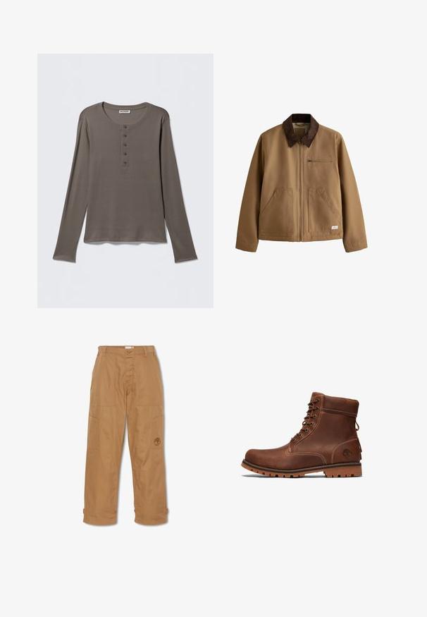 Chaqueta marrón con cremallera, con cuello de pana marrón oscuro, dos bolsillos delanteros y un bolsillo con cremallera en el pecho sobre un fondo blanco.; Camiseta henley gris de manga larga con cinco botones y cuello redondo, presentada sobre un fondo blanco liso.; Pantalones de trabajo color caqui, hechos de una tela resistente, cuentan con múltiples bolsillos, un cierre de botón y un logo bordado en el muslo.; Botín de cuero marrón hasta el tobillo con diseño de cordones, cuello acolchado, costuras en contraste y suela de goma con un patrón de textura.