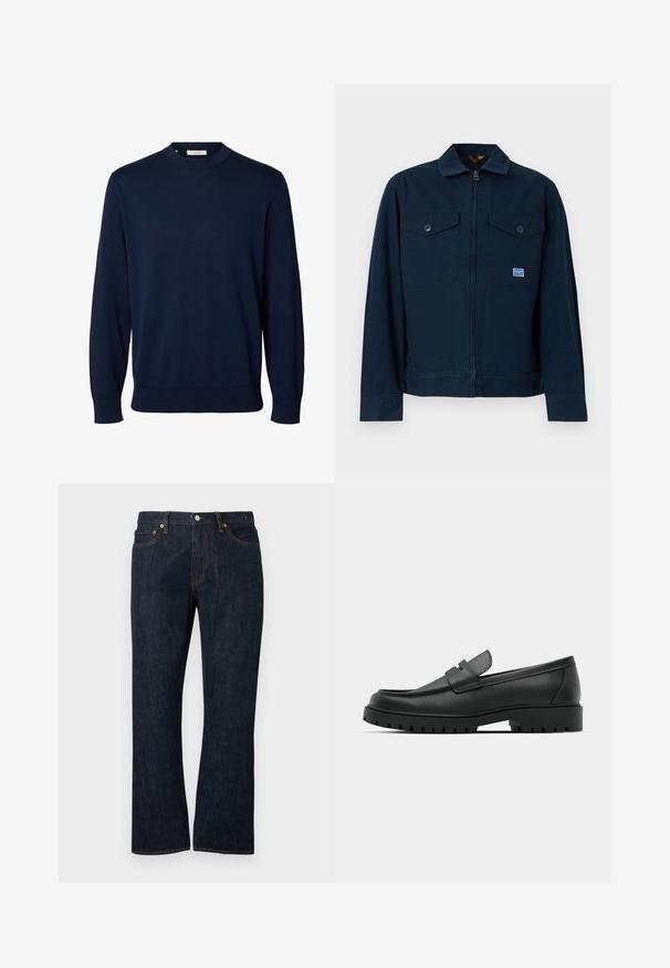 Veste bleu marine avec une fermeture éclair sur le devant, deux poches poitrine à boutons et une petite écusson rectangulaire sur la poche gauche.; Pull bleu marine à manches longues et col rond, avec poignets et bas côtelés, étiqueté Selected au niveau du col.; Jean droit en denim bleu foncé avec poches avant, rivets en cuivre et fermeture par bouton.; Mocassins en cuir noir à bout arrondi, avec un design cousu, une semelle plateforme basse et une semelle en caoutchouc texturée et crantée.