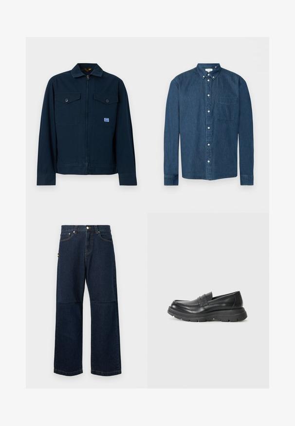 Marineblaue Jacke mit durchgehendem Frontreißverschluss, zwei mit Knöpfen versehenen Brusttaschen und einem kleinen rechteckigen Aufnäher auf der linken Tasche.; Knopfbares dunkelblaues Denim-Hemd mit langen Ärmeln, einer Brusttasche links und einem Button-Down-Kragen, dargestellt vor weißem Hintergrund.; Dunkelblaue Denim-Jeans mit geraden Beinen, die ein klassisches Fünf-Taschen-Design, kontrastierende Nähte und ein kleines farbiges Etikett an der Seite aufweisen.; Schwarzer Leder-Schlupfschuh im Mokassin-Stil, mit runder Zehenpartie, dicker Gummisohle und feinen Steppnähten im oberen Bereich.