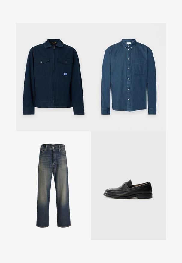 Marineblauwe jas met een rits aan de voorkant, twee borstzakken met knopen en een klein rechthoekig label op de linkerzak.; Donkerblauw denim overhemd met knopen, lange mouwen, een voorzak aan de linkerkant en een button-down kraag, weergegeven op een witte achtergrond.; Wijde jeans in donkerblauwe denim met een gradientafwerking, voorzien van een knoopsluiting, vijf zakken en gestructureerde stikdetails.; Zwarte lederen instappers met een gladde afwerking, voorzien van een gestructureerde bovenband, lage hak en minimale stiksel-details.