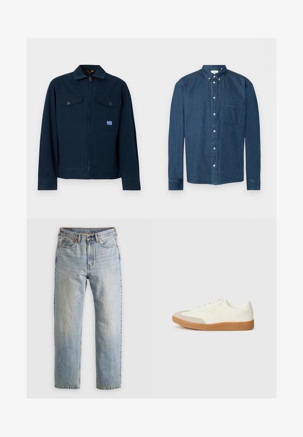 Veste bleu marine avec une fermeture éclair sur le devant, deux poches poitrine à boutons et une petite écusson rectangulaire sur la poche gauche.; Chemise en denim bleu foncé boutonnée, manches longues, une poche avant à gauche et un col boutonné, présentée sur fond blanc.; Jean en denim bleu clair à taille haute, avec bouton avant, fermeture éclair et design à cinq poches, posé à plat sur un fond neutre.; Baskets en cuir blanc avec une coque beige et une semelle en caoutchouc marron clair. Dotées de lacets blancs plats et d'un logo embossé sur le côté.