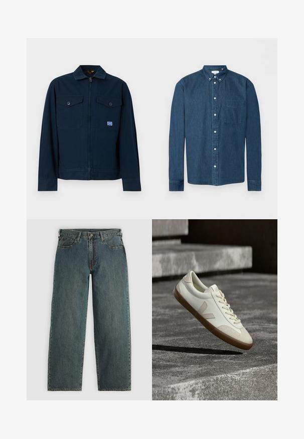Marineblauwe jas met een rits aan de voorkant, twee borstzakken met knopen en een klein rechthoekig label op de linkerzak.; Donkerblauw denim overhemd met knopen, lange mouwen, een voorzak aan de linkerkant en een button-down kraag, weergegeven op een witte achtergrond.; Diepblauwe recht gesneden denim jeans met een knoop- en ritsluiting, voorzakken en riemlussen op een lichtgrijze achtergrond.; Witte leren sneakers met een bruine rubberen zool, platte veters en een V-vormig accent aan de zijkant. Ze hebben een glad oppervlak en minimale stikdetails.