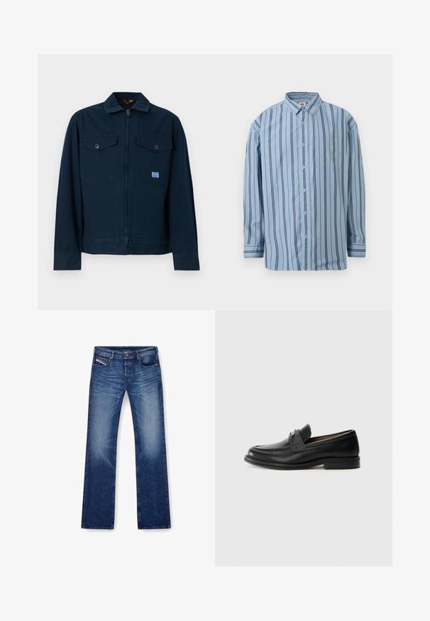 Chaqueta azul marino con cremallera frontal, dos bolsillos en el pecho con botones y un pequeño parche rectangular en el bolsillo izquierdo.; Camisa azul claro de manga larga con botones, con rayas verticales negras y un bolsillo delantero en el pecho.; Pantalones vaqueros de mezclilla azul con un diseño de pierna recta, cinco bolsillos y costuras tonales. La tela tiene una textura suave con un ligero desgastado.; Mocasines de cuero negro con un acabado suave, que presentan una banda superior texturizada, tacón bajo y detalles de costura mínimos.
