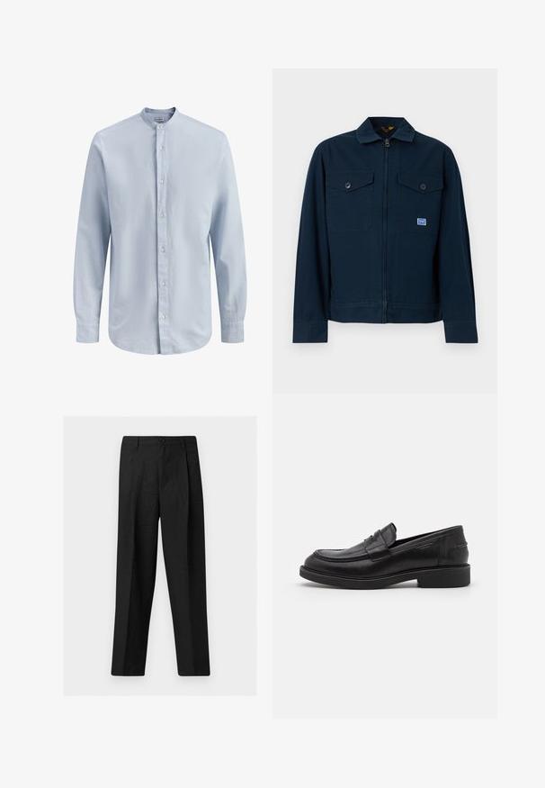 Veste bleu marine avec une fermeture éclair sur le devant, deux poches poitrine à boutons et une petite écusson rectangulaire sur la poche gauche.; Chemise pour homme à manches longues bleu clair avec col mandarin et boutons blancs sur le devant, présentant une texture subtile.; Pantalon noir droit avec bouton sur le devant et passants pour ceinture, présenté sur un fond clair uni.; Mocassins en cuir noir avec un bout arrondi, des coutures ton sur ton et un détail de sangle à l'avant. Semelle en caoutchouc avec un petit talon.