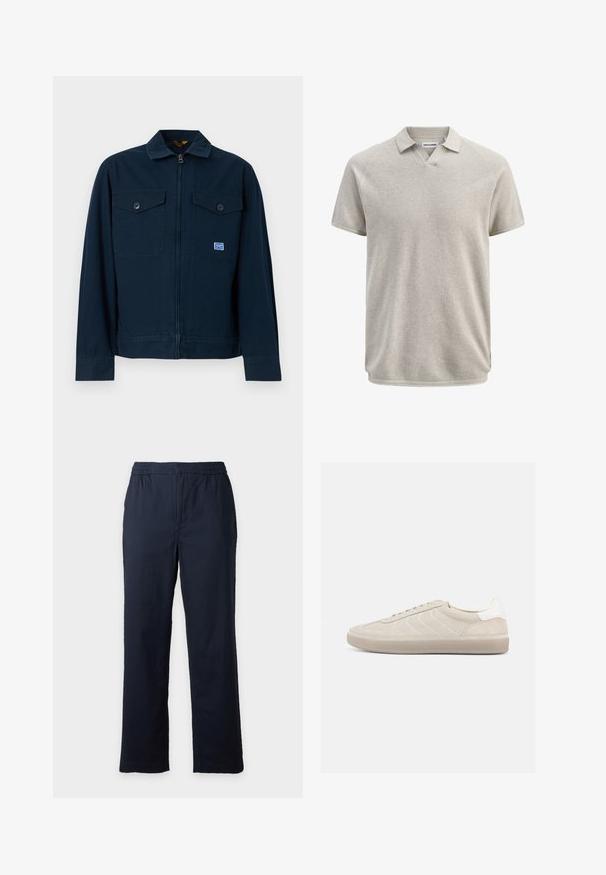 Veste bleu marine avec une fermeture éclair sur le devant, deux poches poitrine à boutons et une petite écusson rectangulaire sur la poche gauche.; Polo beige texturé à manches courtes avec col et légère ouverture en V, portant l'étiquette Jack & Jones.; Pantalon bleu marine droit avec taille élastique, sans poches ni boutons visibles, présenté sur un fond clair uni.; Baskets en daim beige avec une tige texturée, un contrefort de talon blanc lisse, de fines lacets et une semelle extérieure en caoutchouc. Présente un design bas profil.