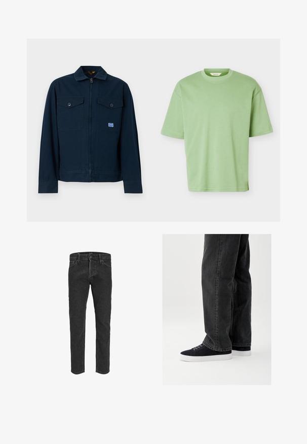 Marineblauwe jas met een rits aan de voorkant, twee borstzakken met knopen en een klein rechthoekig label op de linkerzak.; Effen lichtgroen T-shirt met korte mouwen en ronde hals, met een normale pasvorm en zachte stoftextuur, afgebeeld op een witte achtergrond.; Zwarte denim jeans met een rechte pasvorm, vijf zakken en riemlussen, met een licht vervaagde textuur en contrasterende stiksels.; Zwarte denim jeans met een losse pasvorm, gecombineerd met marineblauwe suède sneakers met witte rubberen zolen en zwarte veters. Eenvoudig en modern ontwerp.
