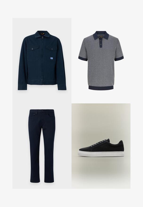 Veste bleu marine avec une fermeture éclair sur le devant, deux poches poitrine à boutons et une petite écusson rectangulaire sur la poche gauche.; Polo homme à manches courtes en maille bleu marine et blanche avec motif ondulé, patte de boutonnage à trois boutons, col, manches et ourlet côtelés.; Pantalon en denim bleu marine avec une coupe slim, présentant un design classique à cinq poches et des accents de couture subtils. Texture lisse et sans ornements.; Baskets basses noires avec semelle en caoutchouc blanche, design à lacets et col rembourré, présentées sur un fond gris neutre.