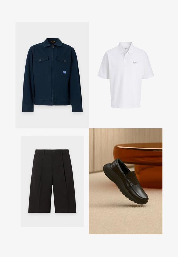 Veste bleu marine avec une fermeture éclair sur le devant, deux poches poitrine à boutons et une petite écusson rectangulaire sur la poche gauche.; Polo blanc à manches courtes avec col, patte à deux boutons et petit logo "Jack & Jones" sur la poitrine gauche.; Shorts noirs sur mesure mi-genoux avec fermeture à boutons, passants de ceinture et plis sur le devant, sur un fond blanc uni.; Mocassin en cuir noir avec une semelle épaisse, présenté au-dessus d'un tapis beige et près d'une base de table ronde couleur ambre.