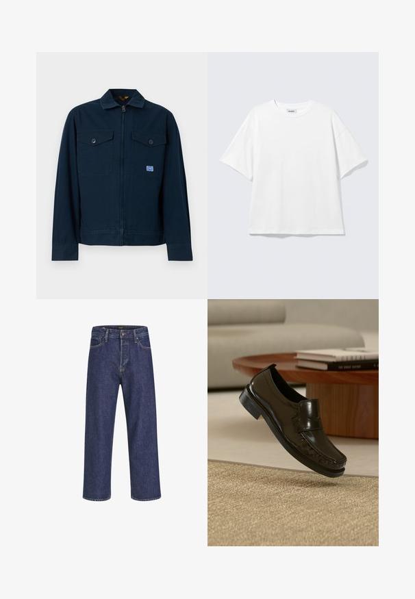 Marineblå jakke med lynlås foran, to brystlommer med knapper og et lille rektangulært mærke på den venstre lomme.; Hvid oversized t-shirt med korte ærmer og rund halsudskæring med sænkede skuldre, fladt lagt på lys grå baggrund.; Mørkeblå denimjeans med lige snit, fem-lomme design, metalknaplukning og kontrasterende syninger, der har en subtil tekstur.; Sort læder slip-on loafersko svævende over et beige vævet tæppe med et træ sofabord og bøger i baggrunden.