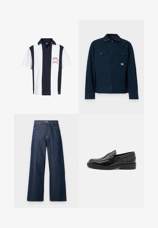 Veste bleu marine avec une fermeture éclair sur le devant, deux poches poitrine à boutons et une petite écusson rectangulaire sur la poche gauche.; Polo à manches courtes avec de larges rayures verticales bleu marine et blanches, col bleu marine, et broderie de texte rouge sur la poitrine gauche.; Jean à jambes larges en denim foncé avec surpiqûres orange, doté de cinq poches, d'une fermeture à boutons sur le devant et d'une silhouette droite.; Mocassins en cuir noir avec une finition lisse, un bout rond, un petit talon et descoutures décoratives à l'avant. Semelle en caoutchouc pour l'adhérence.