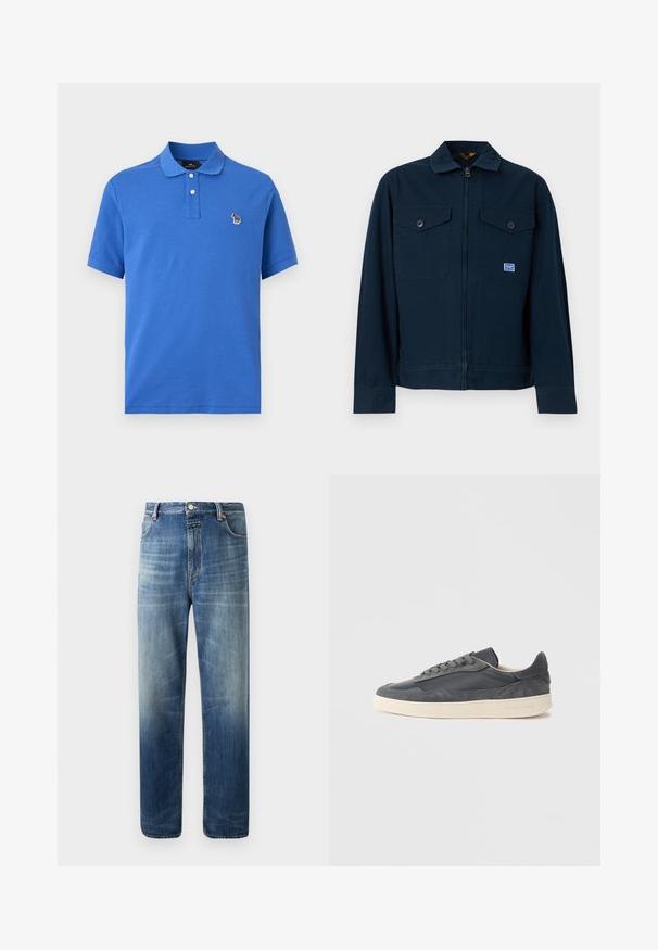 Veste bleu marine avec une fermeture éclair sur le devant, deux poches poitrine à boutons et une petite écusson rectangulaire sur la poche gauche.; Polo bleu à manches courtes avec deux boutons blancs et un petit logo zèbre multicolore brodé sur la poitrine gauche.; Jean denim bleu à jambe droite avec des détails subtils de décoloration et de whiskering, doté de poches avant et arrière, d'une fermeture à bouton et de passants pour ceinture.; Baskets gris foncé en cuir et daim avec une conception basse, dotées d'une semelle en caoutchouc de couleur crème et de lacets plats.