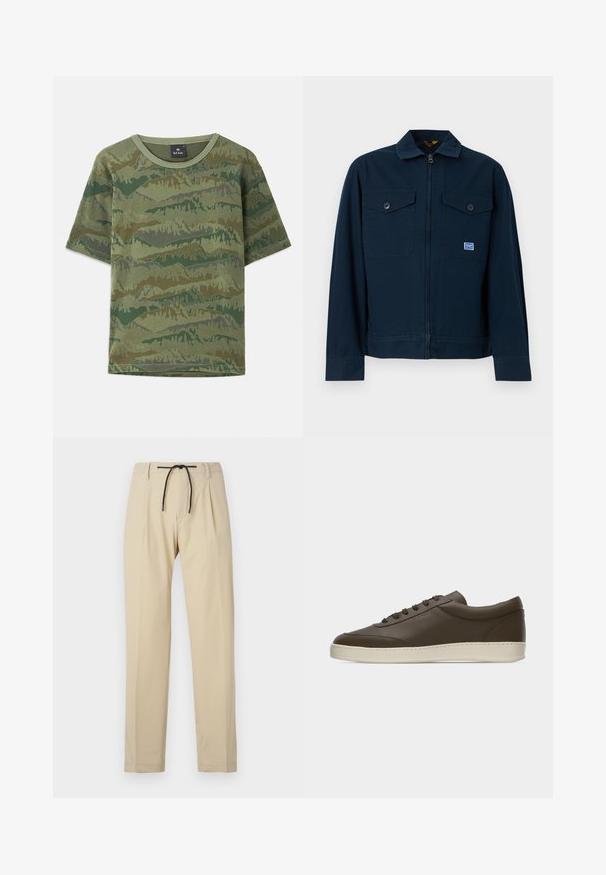 Marineblå jakke med lynlås foran, to brystlommer med knapper og et lille rektangulært mærke på den venstre lomme.; Grøn camouflage T-shirt lavet af bomuld. Korte ærmer, rund halsudskæring, med et lagdelt bjergmønster i varierende nuancer af grøn og brun.; Beige bukser med lige pasform, der har snøring i taljen, plisseret front og glat tekstur. Enkel og alsidig design.; Low-top mørkebrun lædersneaker med snørelukning foran og cremefarvet gummisål, vist fra ydersiden mod hvid baggrund.