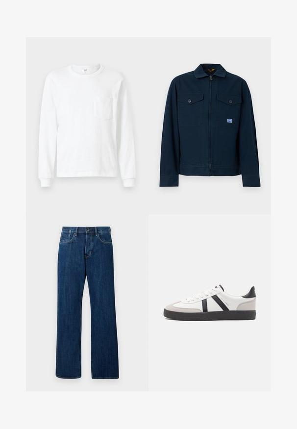 Veste bleu marine avec une fermeture éclair sur le devant, deux poches poitrine à boutons et une petite écusson rectangulaire sur la poche gauche.; T-shirt blanc à manches longues en coton. Présente un col rond et une petite poche sur la poitrine. Texture douce avec des poignets côtelés.; Jeans en denim bleu foncé, coupe droite, taille mi-haute, style classique à cinq poches, avec un léger délavage, présentant une fermeture à bouton en métal.; Baskets blanches avec des accents noirs et gris, présentant un embout texturé gris, une semelle en caoutchouc noir et des lacets plats blancs. Design épuré, style minimaliste.