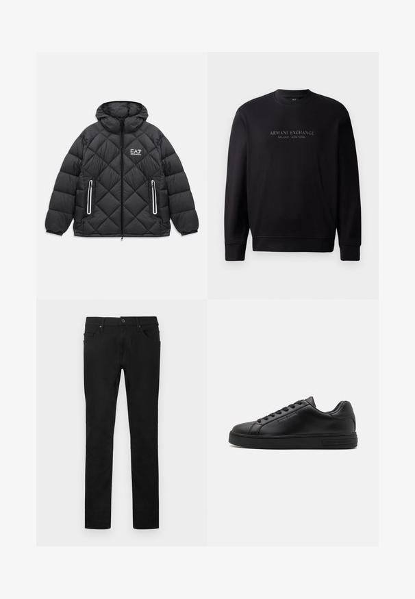 Čierna prešívaná bunda s kapucňou, predným zipsom, dvoma zipsovými vreckami s reflexnými detailmi a logom EA7 Emporio Armani na hrudi.; Čierna mikina s okrúhlym výstrihom, na prednej strane s embosovaným textom "ARMANI EXCHANGE MILANO / NEW YORK". Tkanina je hladká s rebrovanými manžetami.; Čierne rovné nohavice s predným gombíkom a zipsom, pútky na opasok a dizajn s piatimi vreckami na bielom pozadí.; Čierne kožené tenisky s textúrovaným povrchom, plochými šnúrkami a gumovou podrážkou. Majú branding na boku a okrúhly dizajn špičky.