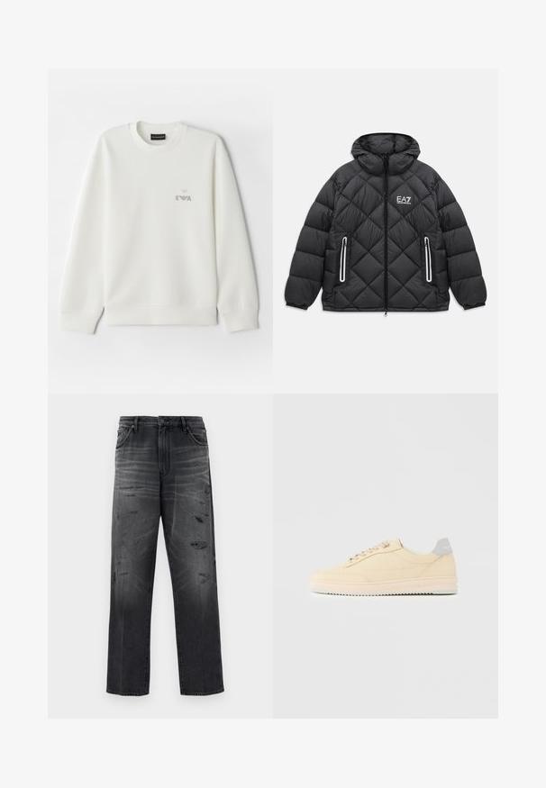 Zwarte gewatteerde jas met capuchon, voorrits, twee met rits afgesloten zakken met reflecterende accenten, en het EA7 Emporio Armani-logo op de borst.; Witte sweatshirt gemaakt van zachte stof. Heeft een ronde halslijn en lange mouwen. Een klein grijs geborduurd logo is op de borst geplaatst.; Zwarte denim jeans met een relaxte pasvorm, voorzien van een vervaagd ontwerp en versleten patches. Standaard vijf-pocketstijl en een knoopsluiting.; Beige lage sneaker met veters aan de voorkant, lichtroze zool en een grijze hieltab met het merk "Filling Pieces", zijaanzicht op een effen achtergrond.